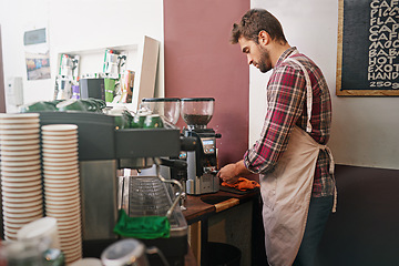 Image showing Man, barista and machine in morning in coffee shop with preparation for order, service and catering. Person, server or waiter in cafe for drink, tea or espresso with idea, job and helping in Italy