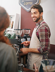 Image showing Happy man, waiter and talking to customer in coffee shop with machine for order, service or catering. Barista, client or patron in cafe for drink, tea or espresso with smile, chat or helping in Italy