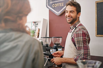 Image showing Happy man, waiter and woman in coffee shop at counter with machine for order, service and catering. Barista, client or person in cafe for drink, tea or espresso with smile, chat or helping in Italy