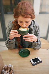 Image showing Woman, cappuccino and happy in coffee shop with drink at breakfast to start morning from above at table. Girl, person and cup with flavor, aroma or relax in cafeteria with smile for service in Dublin