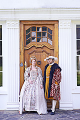 Image showing King, renaissance couple and home with Victorian architecture, marriage and door with wealth. Real estate, ruler and history with royalty and historical manor with a house and traditional monarch