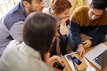 Image showing Creative people, meeting and planning with phone at cafe for team discussion or project. Group of employees or friends with technology for brainstorming or startup at coffee shop or indoor restaurant