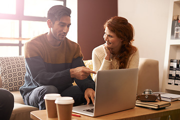 Image showing Young couple, laptop and break in coffee shop for latte drinks, love and bonding together on weekend. Man, woman and computer for photography editing on social media update and cappuccino in cafe