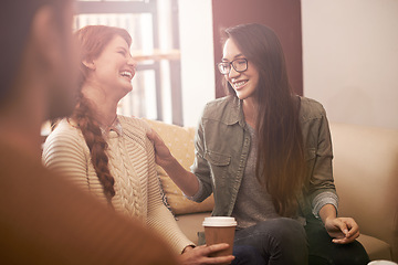 Image showing Coffee shop, laugh and women with drink in conversation, talking and chatting for social visit. Friends, discussion and people with caffeine, cappuccino and beverage in restaurant, cafe and store