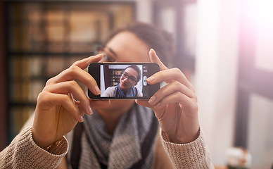 Image showing Smartphone, closeup of screen and selfie with woman, hands and photography for social media, live streaming and memory. Influencer, content creation and communication, mobile app and smile in picture