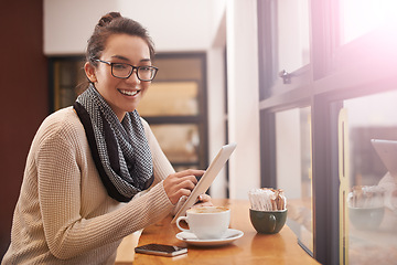 Image showing Happy woman, portrait and cafe with tablet for research, online browsing or networking at indoor restaurant. Face of female person with smile on technology for communication or search at coffee shop