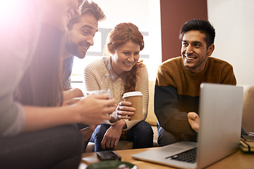 Image showing Creative group, meeting and planning with laptop at cafe for team discussion or project. Happy people, employees or young friends with technology for brainstorming or startup at coffee shop or lounge