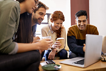 Image showing Creative people, laughing and meeting with laptop at cafe for team discussion or fun project. Happy people, employees or young friends with smile on technology for startup at coffee shop or lounge