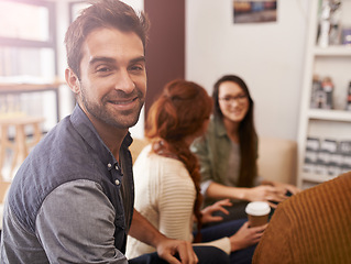 Image showing Startup, business people and portrait of man in meeting, discussion and conversation for ideas. Teamwork, creative agency and men and women in cafe for brainstorming, planning and collaboration