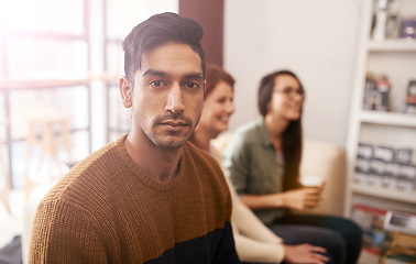 Image showing Coffee shop, business people and portrait of man in meeting, discussion and conversation for ideas. Teamwork, creative agency and men and women in cafe for brainstorming, planning and collaboration