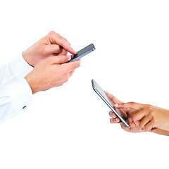 Image showing Phone, hands and business people in studio with networking communication closeup on white background. Smartphone, connection and friends with data transfer, file or b2b contact, share or opportunity