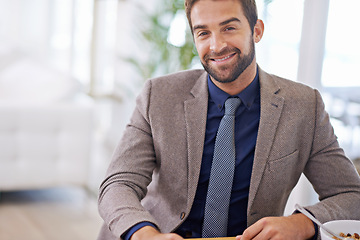 Image showing Businessman, portrait and happy in morning in office, breakfast and healthy food for energy in workplace. Hr consultant, positive and face for job satisfaction as recruiter and cereal bowl for work