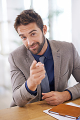 Image showing Businessman, portrait or pointing at desk in office or professional recruiter with hands for choice. Hr consultant, positive or face with finger emoji for hiring or vote on job opportunity in company