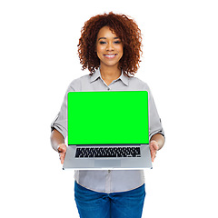 Image showing Green screen, laptop or portrait of happy woman in studio with social media mockup on white background. Computer, space or of female student face with online, sign up or learning, registration or app