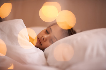 Image showing Peace, sleeping and girl child relax in a bed with comfort, dreaming or resting at home. Sleep, dream or calm female kid person in a bedroom for vacation, holiday and quiet night snooze in a house