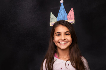 Image showing Chalk art, portrait or girl with crown on blackboard for drawing, imagine or future fantasy on dark background. Queen, kid and sketch of royalty, princess or picture for school, project or assignment