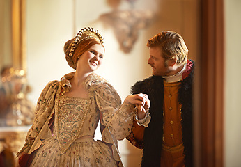 Image showing Royal, man and woman dance in castle together with vintage love, romance and banquet performance. Medieval king, queen or renaissance couple in ballroom holding hands with smile in palace in Europe