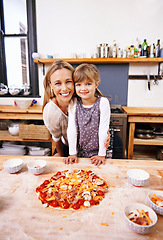 Image showing Mom, girl and cooking pizza with portrait in kitchen with smile, learning and helping for development in home. Food, mother and daughter with dough, teaching and support with bonding in family house