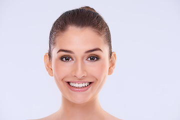 Image showing Portrait, dermatology and makeup with woman, cosmetics and skincare on white studio background. Face detox, person or model with shine, beauty and glowing with wellness or healthy skin with grooming