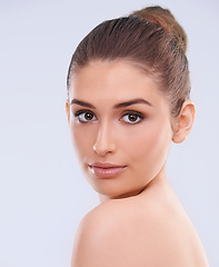 Image showing Beauty, cosmetics and portrait of woman with wellness, confidence and benefits of skincare in studio. Dermatology, facial and girl with natural makeup, healthy glow and skin care on white background