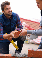 Image showing Construction, bricklayer and men build with brick, handyman or contractor with trade, mentor and apprentice in industry. Teamwork, builder and cement with tools, maintenance renovation for training