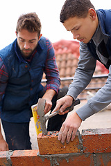 Image showing Construction, bricklayer and men with tools for building a brick wall, handyman or contractor with trade, mentor and apprentice. Team, builder with maintenance and renovation for training in industry