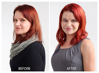 Image showing Transformation, hair and portrait for woman, red and style, keratin treatment for wash. Model, attractive and smile for healthy strand before and after, shampoo and conditioner for color in studio