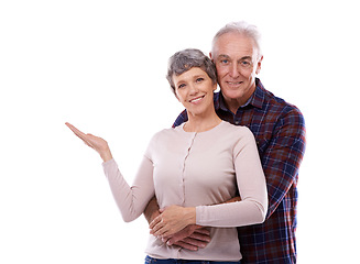 Image showing Portrait, hug and old couple with love, retirement and happiness isolated on a white studio background. Showing, face and senior man with mature woman or embrace with promotion and bonding together