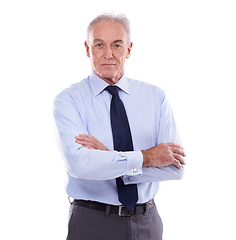 Image showing Portrait, old man and arms crossed with business, startup and confident employee isolated on white studio background. Face, mature person and entrepreneur with management and finance company with ceo