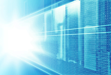 Image showing Matrix, coding and numbers for data with connectivity for futuristic technology with blue background. Software, neon and graphic for programming, cyber and information highway with light flash on web