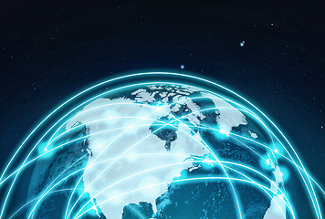 Image showing Flow, network and connection for map, global and futuristic technology in space with dark background. Software, neon and programming for information highway, cyber communication and graphic for web