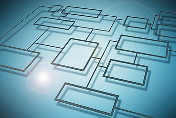 Image showing Connectivity, flowchart and diagram on internet, data or futuristic technology on blue background. Software, neon and coding for programming, cyber or information highway for virtual streaming on web