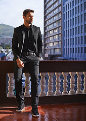 Image showing Confident, man or balcony as thinking, fashion or vision of planning, designer or apparel as style. Cool, businessman or suit to imagine, memory or idea of creative, dream of urban clothing trend