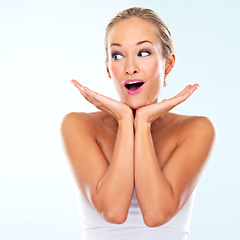 Image showing Hands, wow and woman with makeup, cosmetics and skincare with expression on mockup isolated on white background. Female person, lady and face for glow, cleansing and treatment on studio backdrop