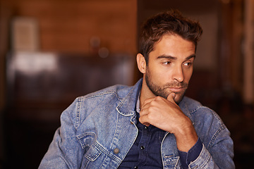 Image showing Thinking, idea and handsome male person in living room, thoughtful and planning for vacation. Confidence, fashionable and pensive for unsure man thinker, relax or contemplation for thought or doubt