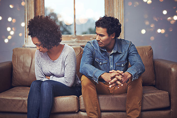 Image showing Couple, couch and marriage fight or cheating problem for dating breakup, annoyed or divorce. Man, woman and unhappy stress on sofa with sad argument for disappointed mistake, confession or conflict