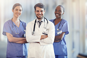 Image showing Portrait, leader and smile of medical team in hospital for healthcare service in clinic. Confidence, doctor and face of diverse group of nurses in collaboration, cooperation or arms crossed together