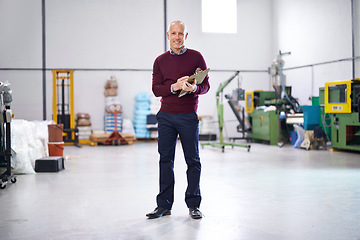 Image showing Checklist, manufacturing or portrait of man in factory with stock in workshop, supply chain or production. Smile, clipboard or senior manager in warehouse for industrial process, plastic or resources