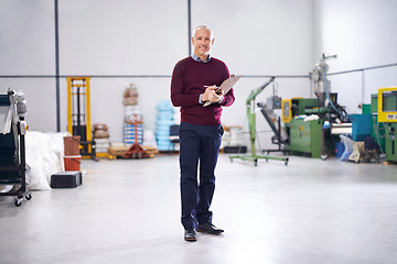 Image showing Checklist, mature or portrait of man in factory with stock in workshop, supply chain or production. Smile, clipboard note or happy manager in warehouse for industrial process, inspection or resources