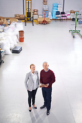 Image showing Inspection, teamwork or portrait of people in factory for stock in workshop, supply chain or production. Above, clipboard or happy managers in warehouse for industrial process, checklist or resources