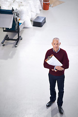 Image showing Manager, factory and portrait for inspection, production and industry for logistics and distribution. Mature man with clipboard for maintenance and quality control for supply chain and stock