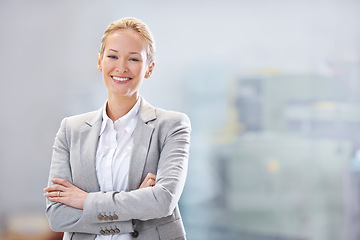 Image showing Business, portrait and happy woman with arms crossed in warehouse, workshop or logistics startup. Face, pride and female manager smile at a factory for ecommerce, retail or online shopping delivery