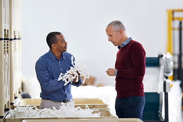 Image showing Factory manager and materials, quality inspection in warehouse with experience, storage and plastic industry. Employees, workers and goods, checking stock and product testing at workplace or depot