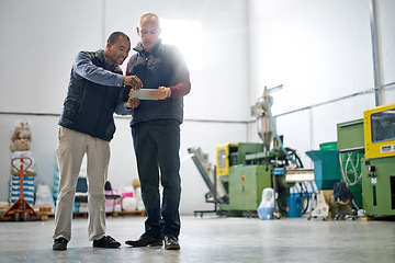 Image showing Business men, tablet and discussion for warehouse inspection for distribution and decision for storage of stock. Professional people, talk and diversity on technology and digital update of inventory