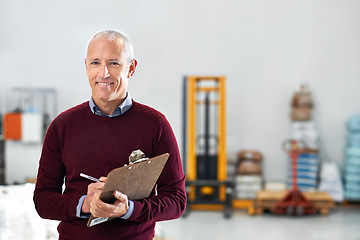 Image showing Checklist, senior or portrait of man in factory with stock in workshop, supply chain or production. Smile, clipboard note or happy manager in warehouse for industrial process, inspection or resources