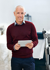 Image showing Tablet, portrait and senior businessman at warehouse for stock, cargo or quality control inspection. Ecommerce, supply chain or male factory manager with logistics app, planning or procurement search