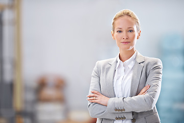 Image showing Serious, crossed arms and portrait of business woman with company pride, confidence and startup in office. Corporate, professional worker and person for career, work opportunity and job ambition