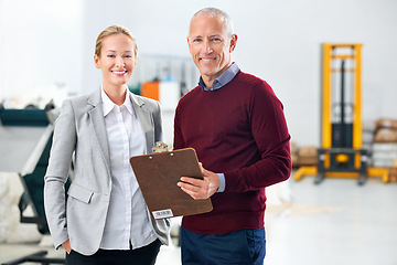 Image showing Inspection, teamwork or portrait of people in warehouse for stock in workshop, supply chain or production. Woman, clipboard or happy managers in factory for industrial process, checklist or resources