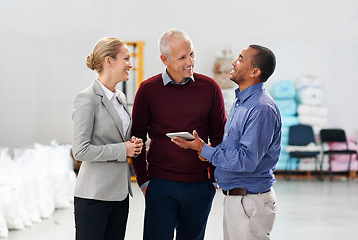 Image showing Business people, group and tablet with cooperation, planning and brainstorming with support. Collaboration, coworkers and men with woman and technology with internet and social media with partnership