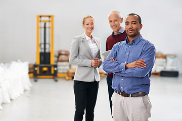 Image showing Managers, warehouse and inspection for commerce, trade and business for shipping and storage. Man, woman and startup for entrepreneur, workplace and industry for career productivity and distribution